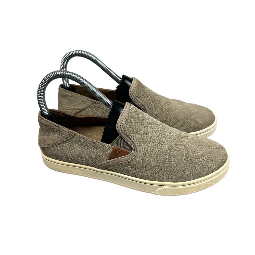 Olukai Pehuea Leather‎ Women Size 6 Tan Snakeskin Embossed Slip On 20329-LH10